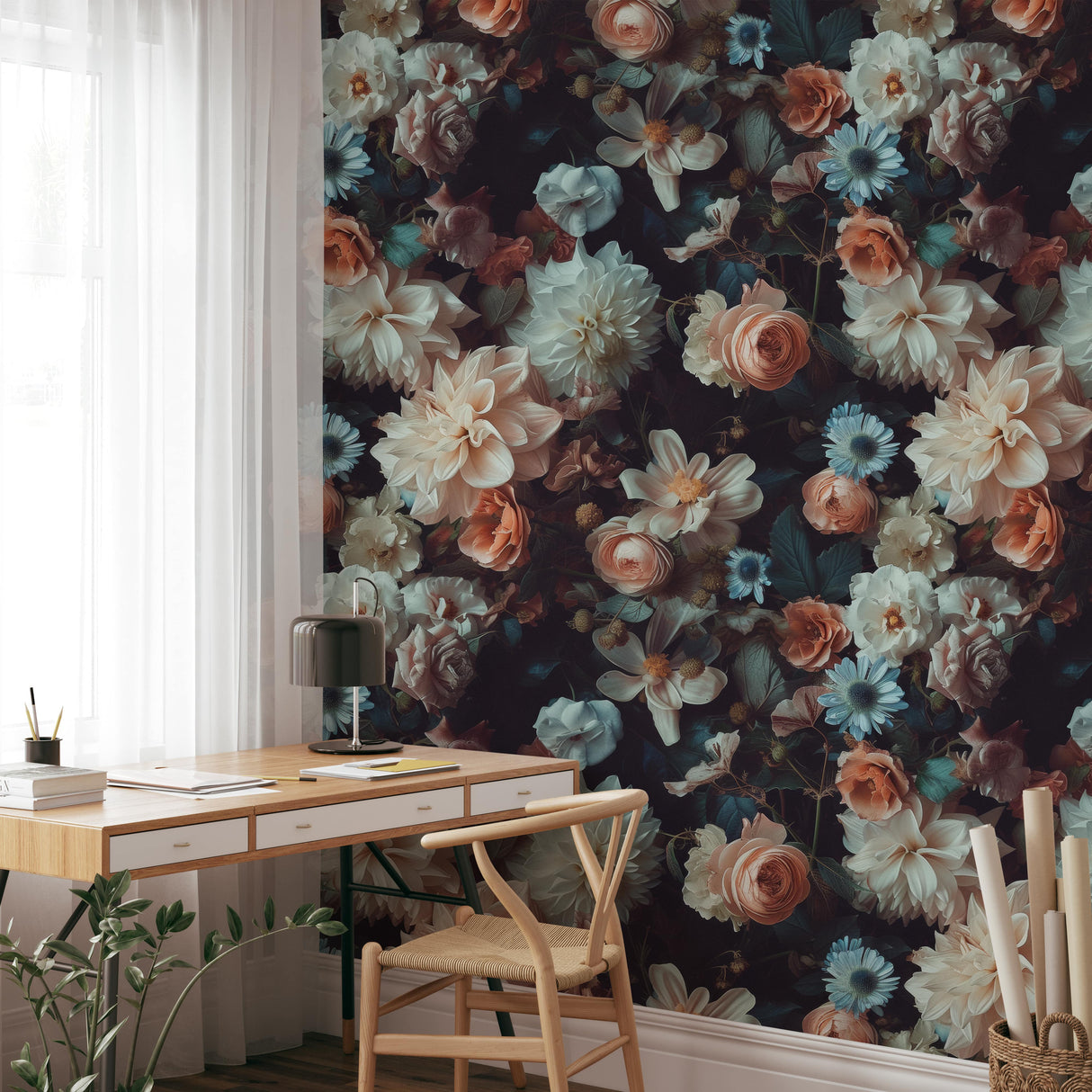 Moody Floral Wallpaper with Dark and Elegant Roses, Dahlias, and Anemones