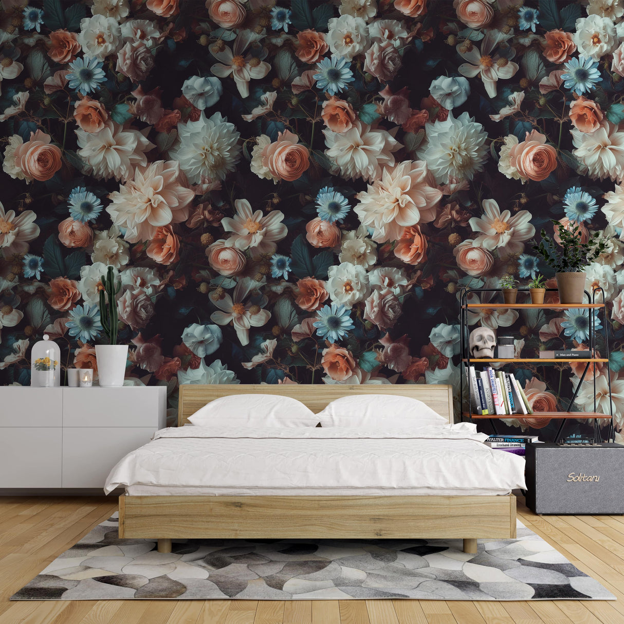 Moody Floral Wallpaper with Dark and Elegant Roses, Dahlias, and Anemones