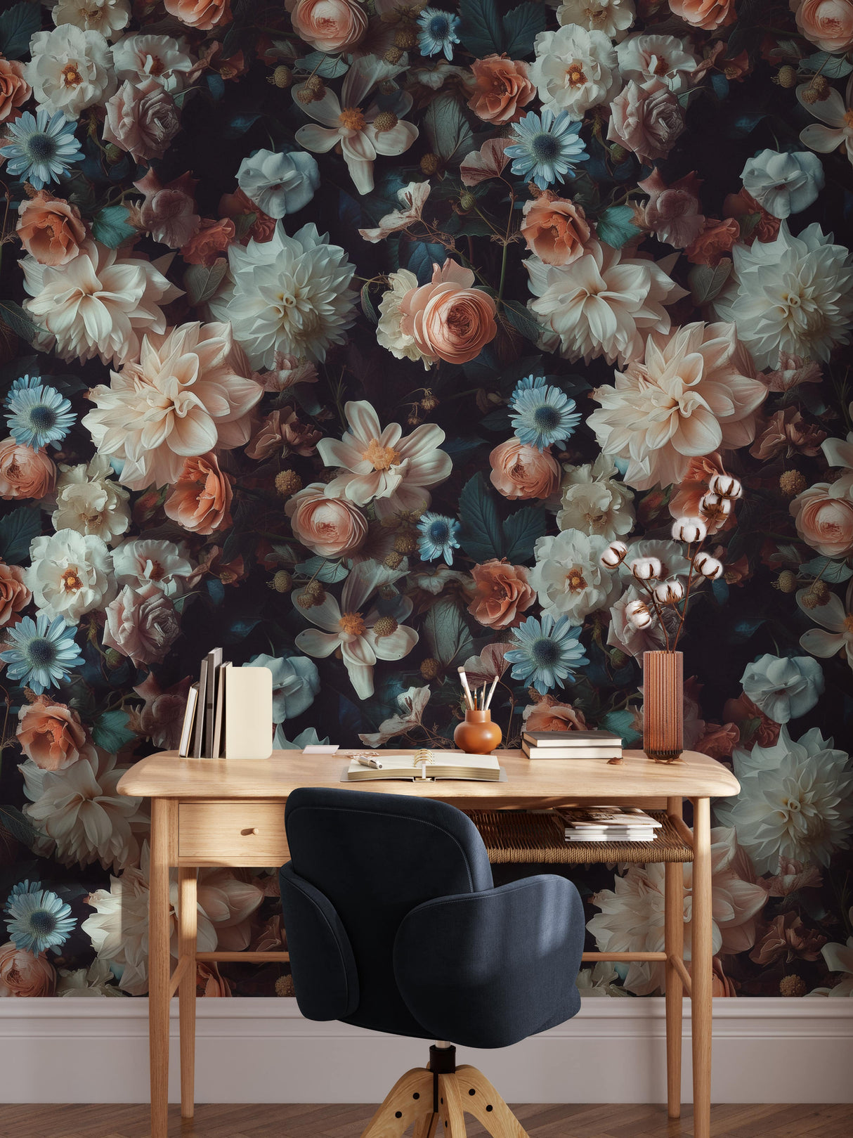 Moody Floral Wallpaper with Dark and Elegant Roses, Dahlias, and Anemones