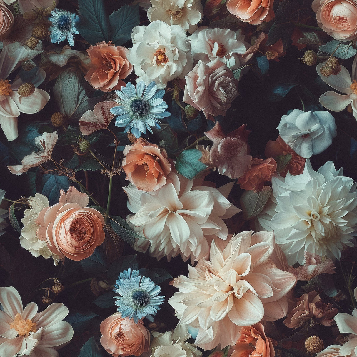 Moody Floral Wallpaper with Dark and Elegant Roses, Dahlias, and Anemones