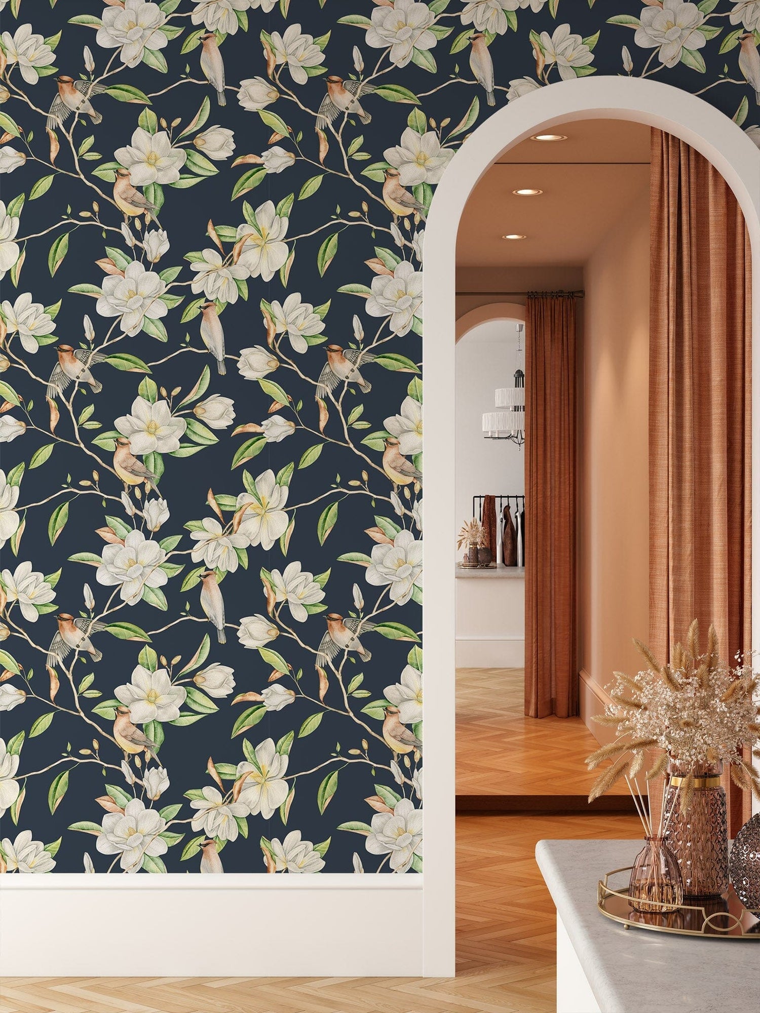 Blooming Magnolia Flowers Wallpaper on Blue Background