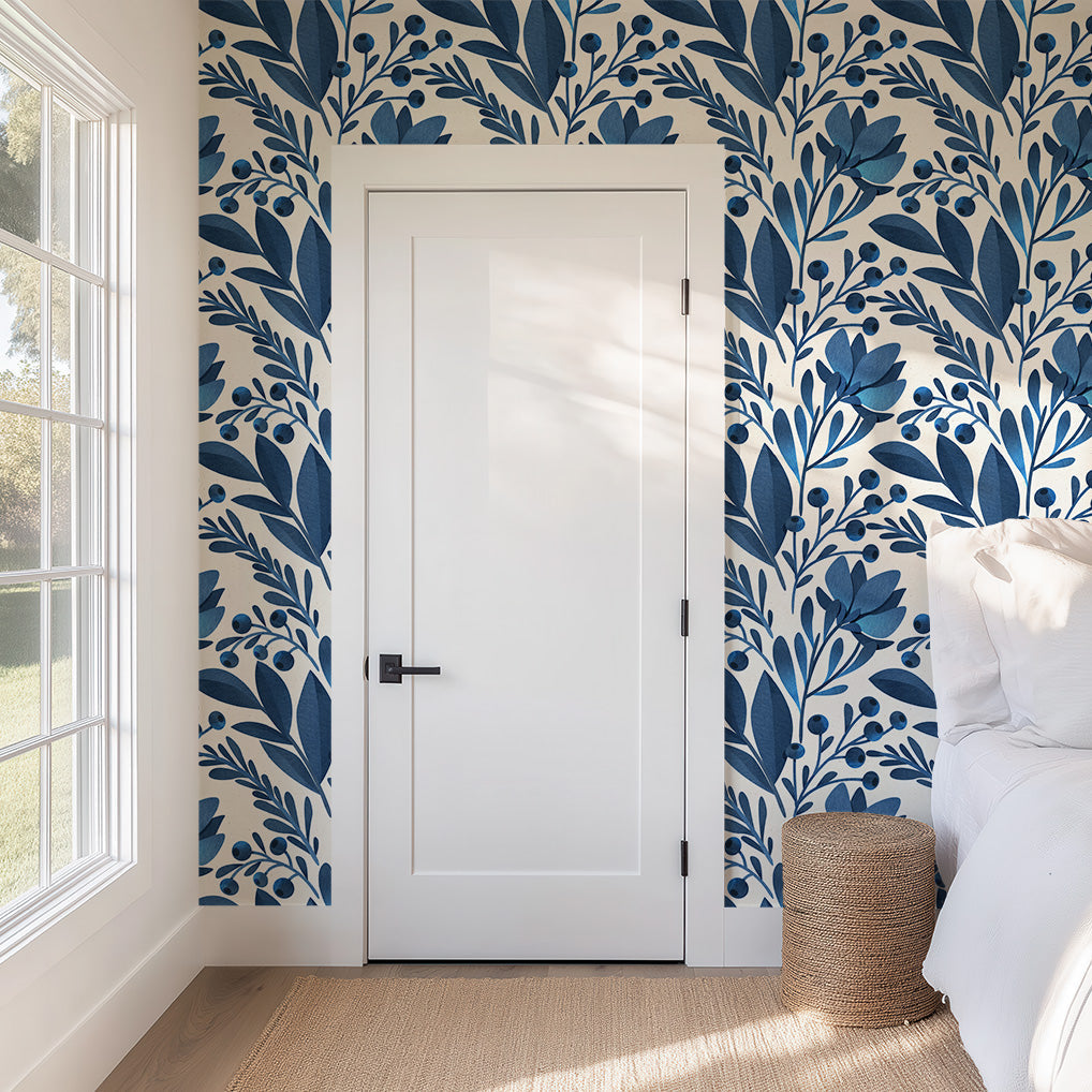 Navy Blue Flowers and Leaves Wallpaper