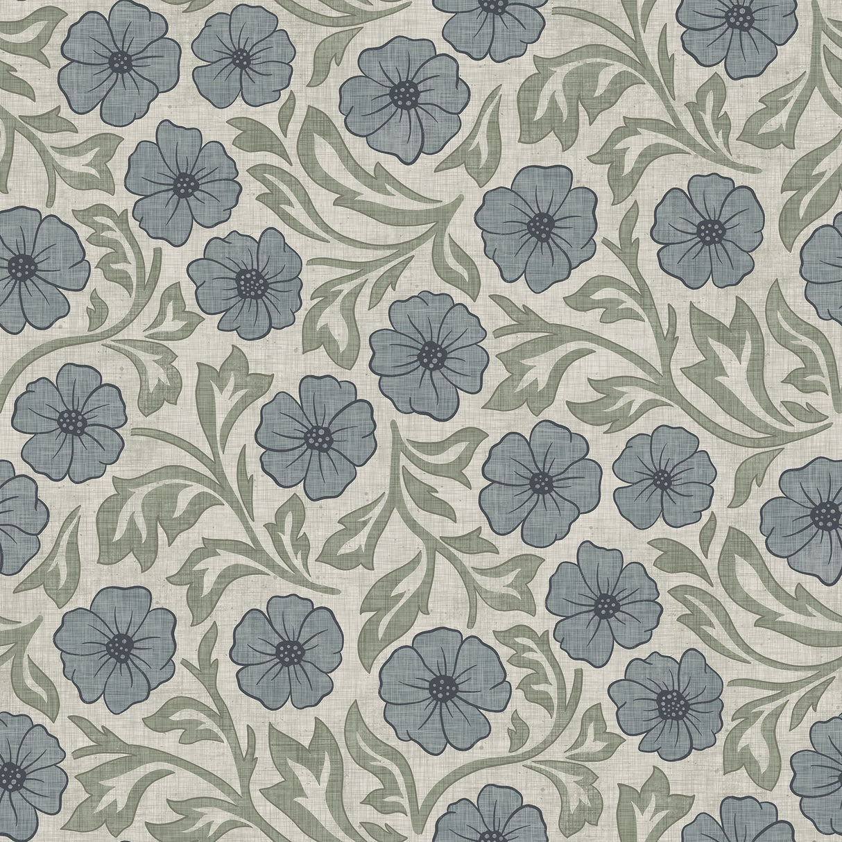 Blue and Green Linen Flowers Wallpaper | Hand-Drawn Vintage Floral