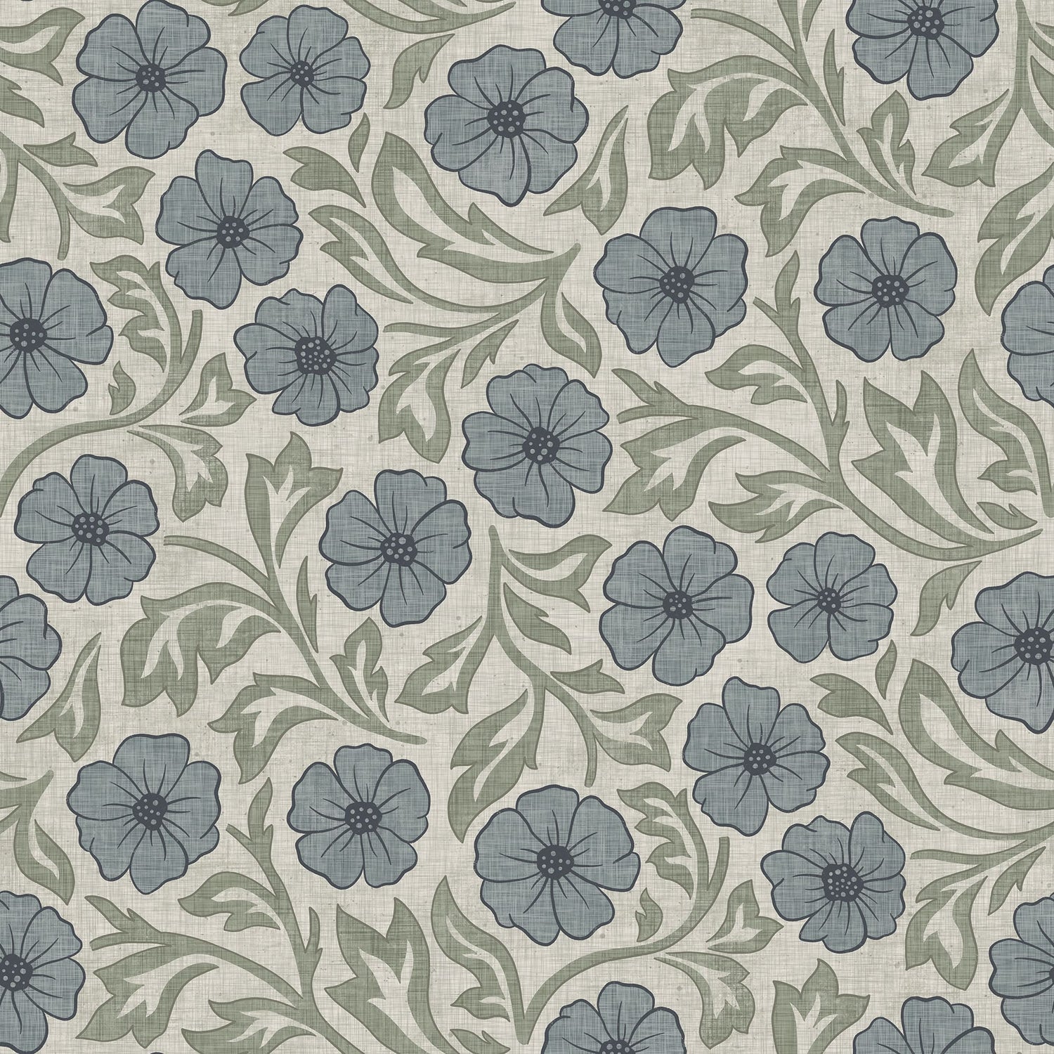 Blue and Green Linen Flowers Wallpaper | Hand-Drawn Vintage Floral