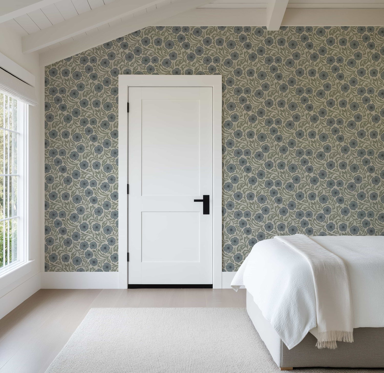 Blue and Green Linen Flowers Wallpaper | Hand-Drawn Vintage Floral