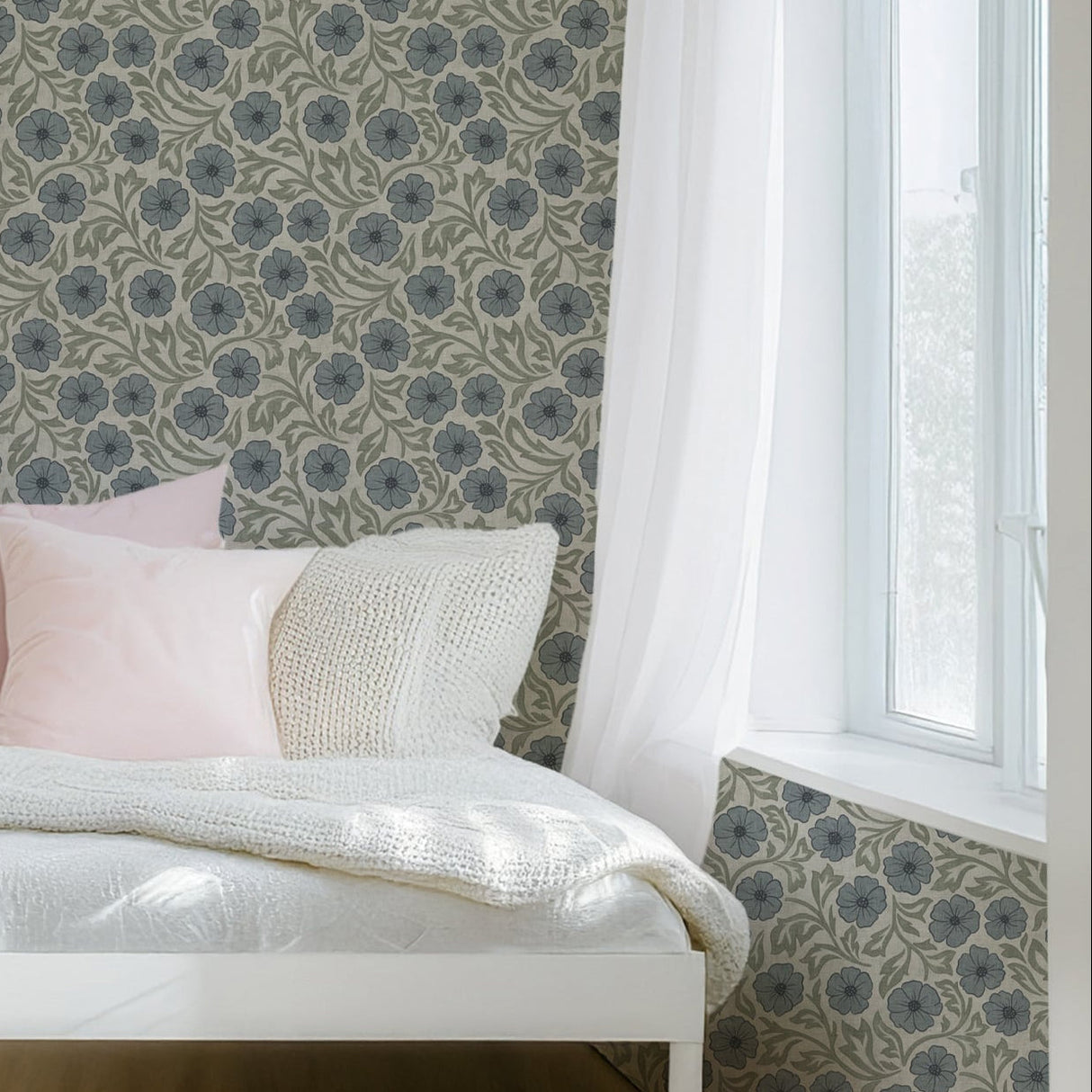 Blue and Green Linen Flowers Wallpaper | Hand-Drawn Vintage Floral