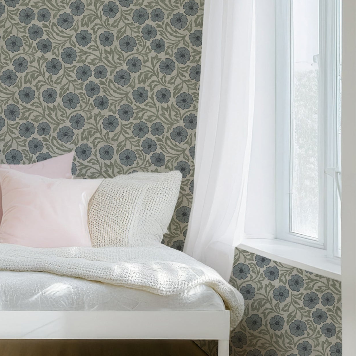 Blue and Green Linen Flowers Wallpaper | Hand-Drawn Vintage Floral