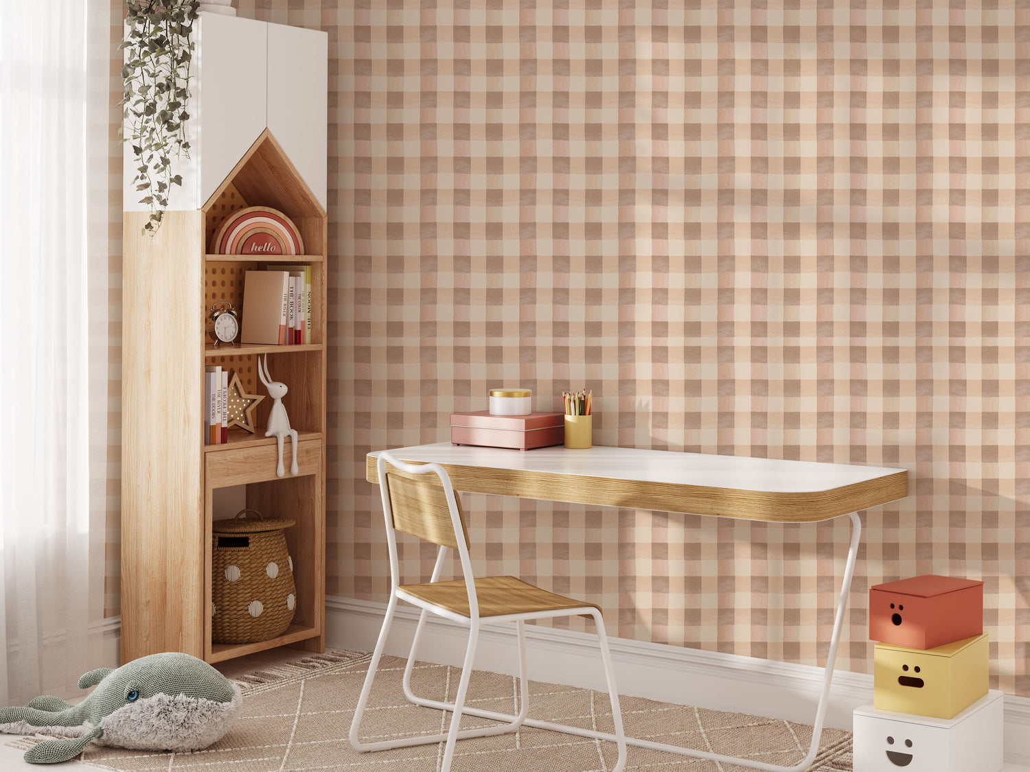 Boho Beige Checkered Wallpaper - Modern Farmhouse Decor