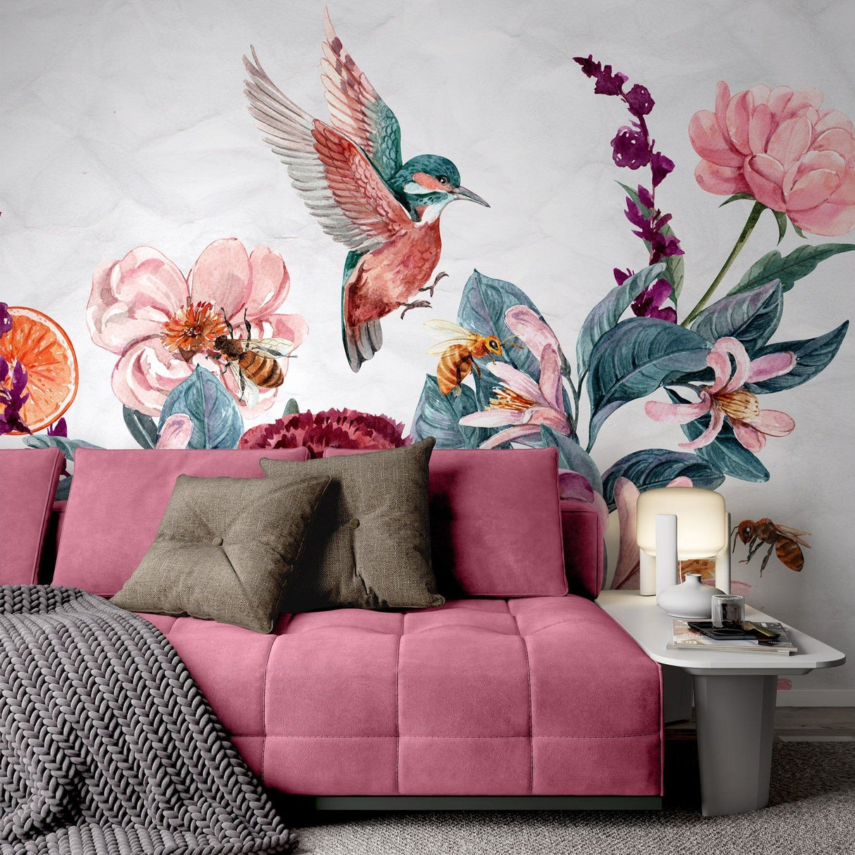 Flying Birds with Flower Bouquet Wallpaper Mural
