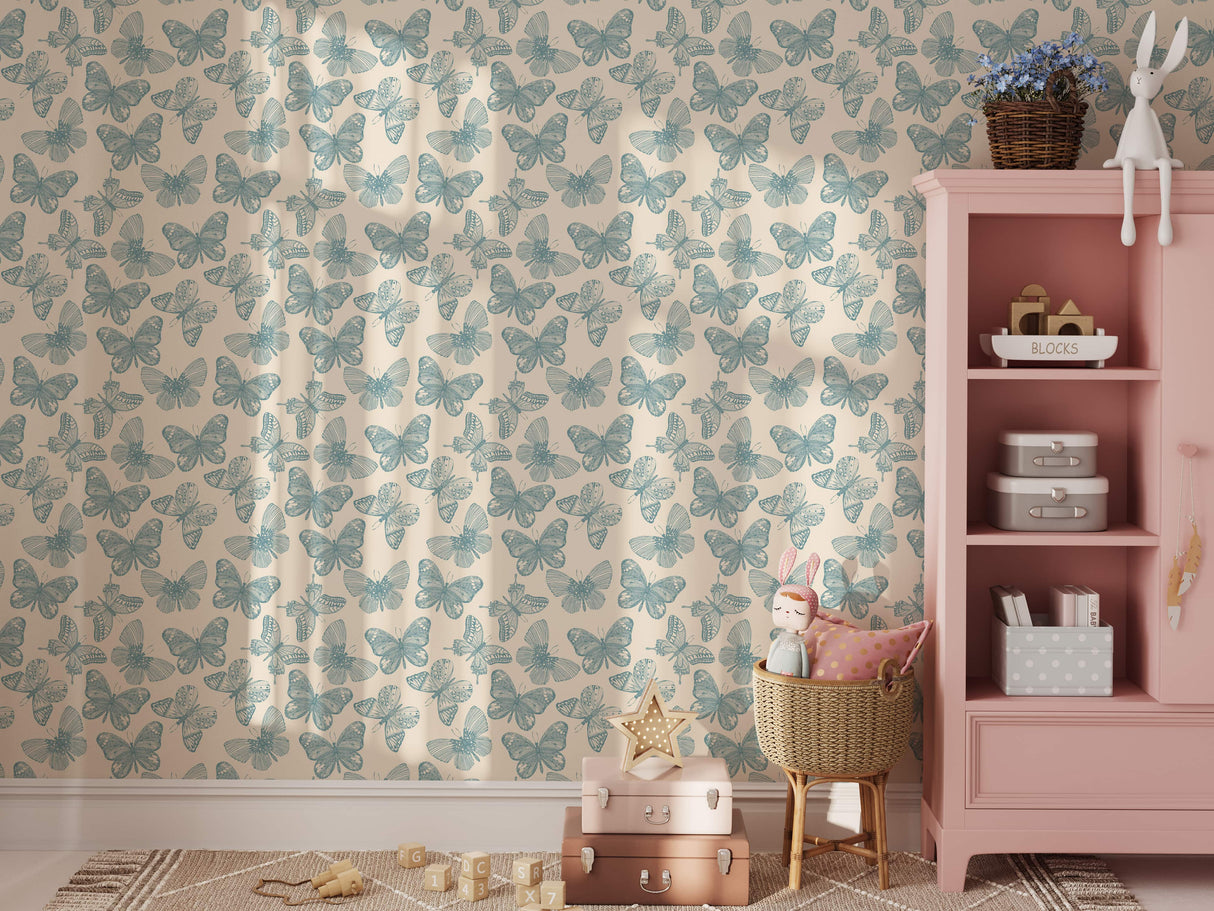 Whimsical Butterfly Wallpaper - Soft Blue Vintage Wallpaper