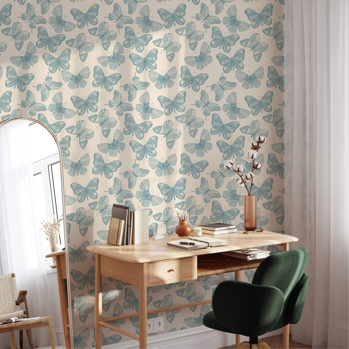 Whimsical Butterfly Wallpaper - Soft Blue Vintage Wallpaper