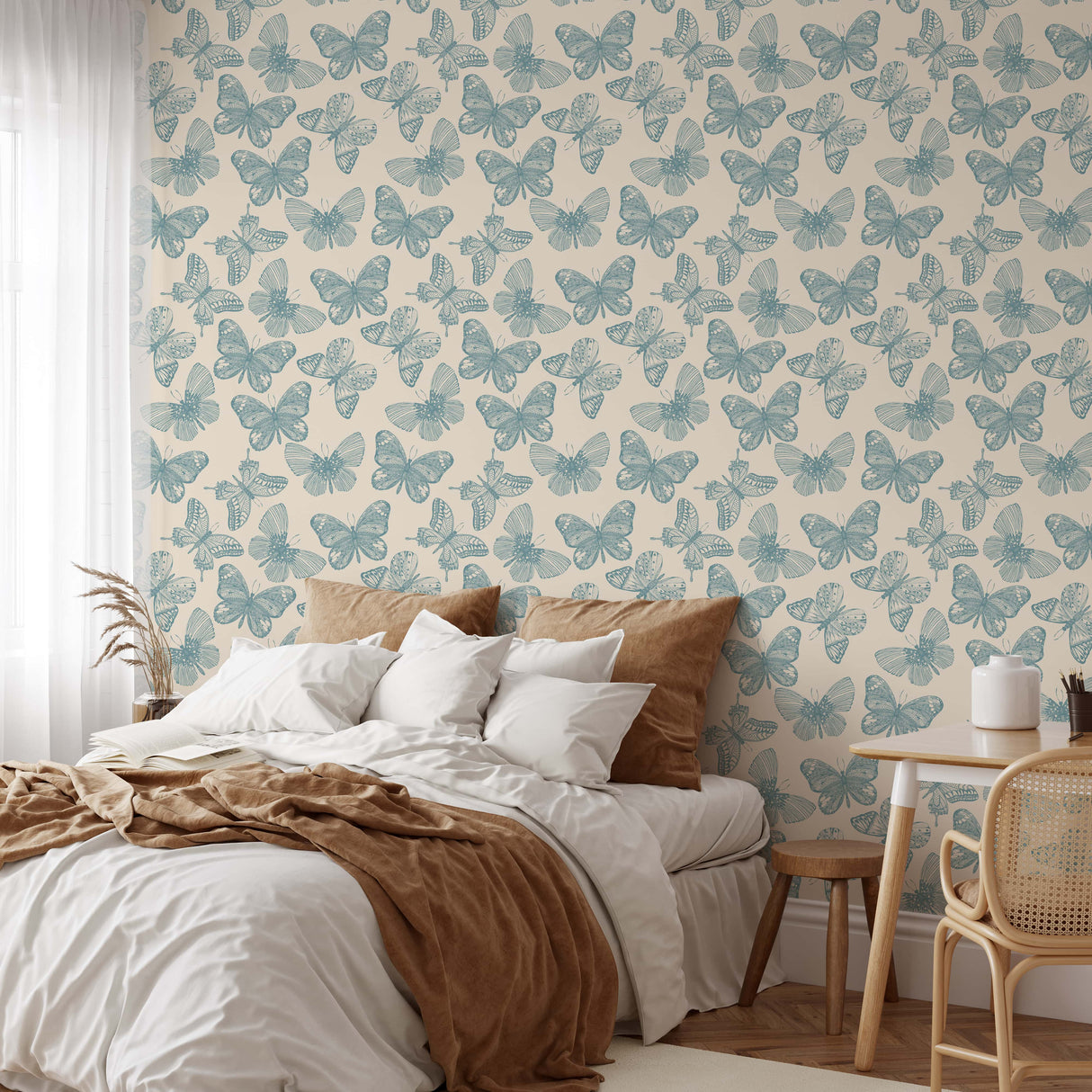 Whimsical Butterfly Wallpaper - Soft Blue Vintage Wallpaper