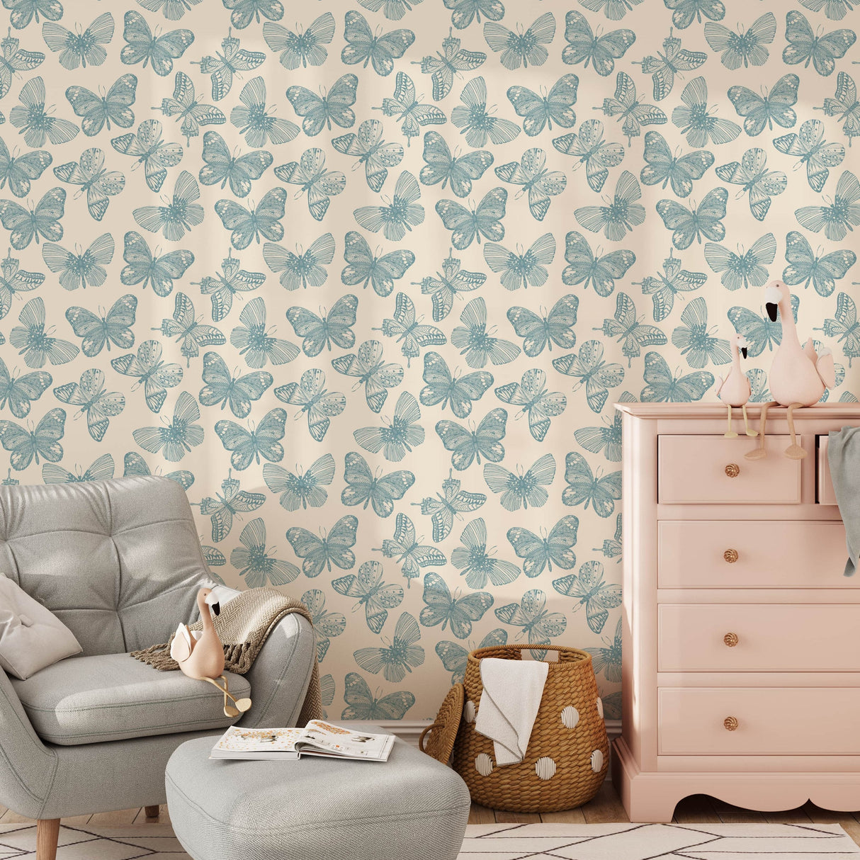 Whimsical Butterfly Wallpaper - Soft Blue Vintage Wallpaper