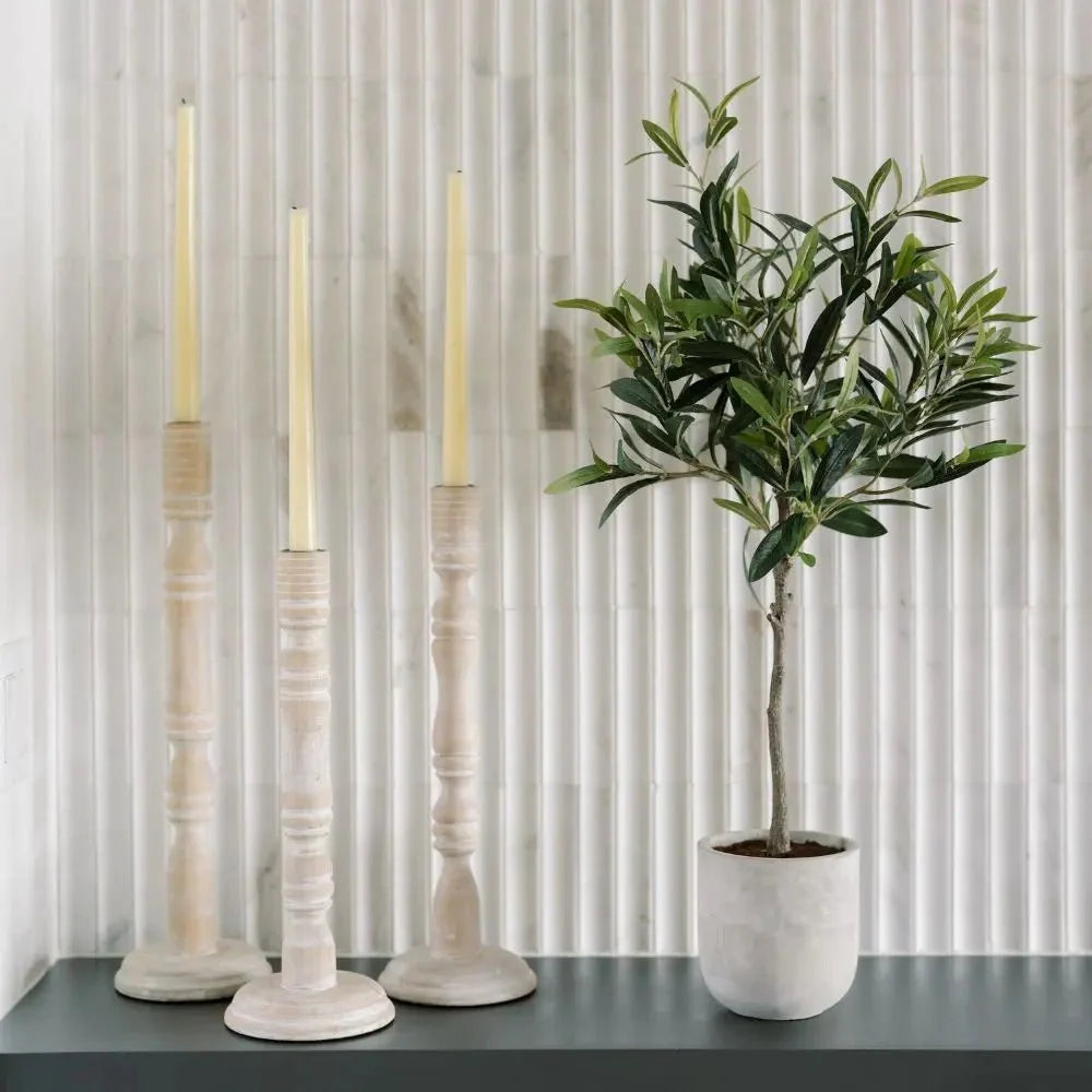 Tapered Candle Holder, White Wood