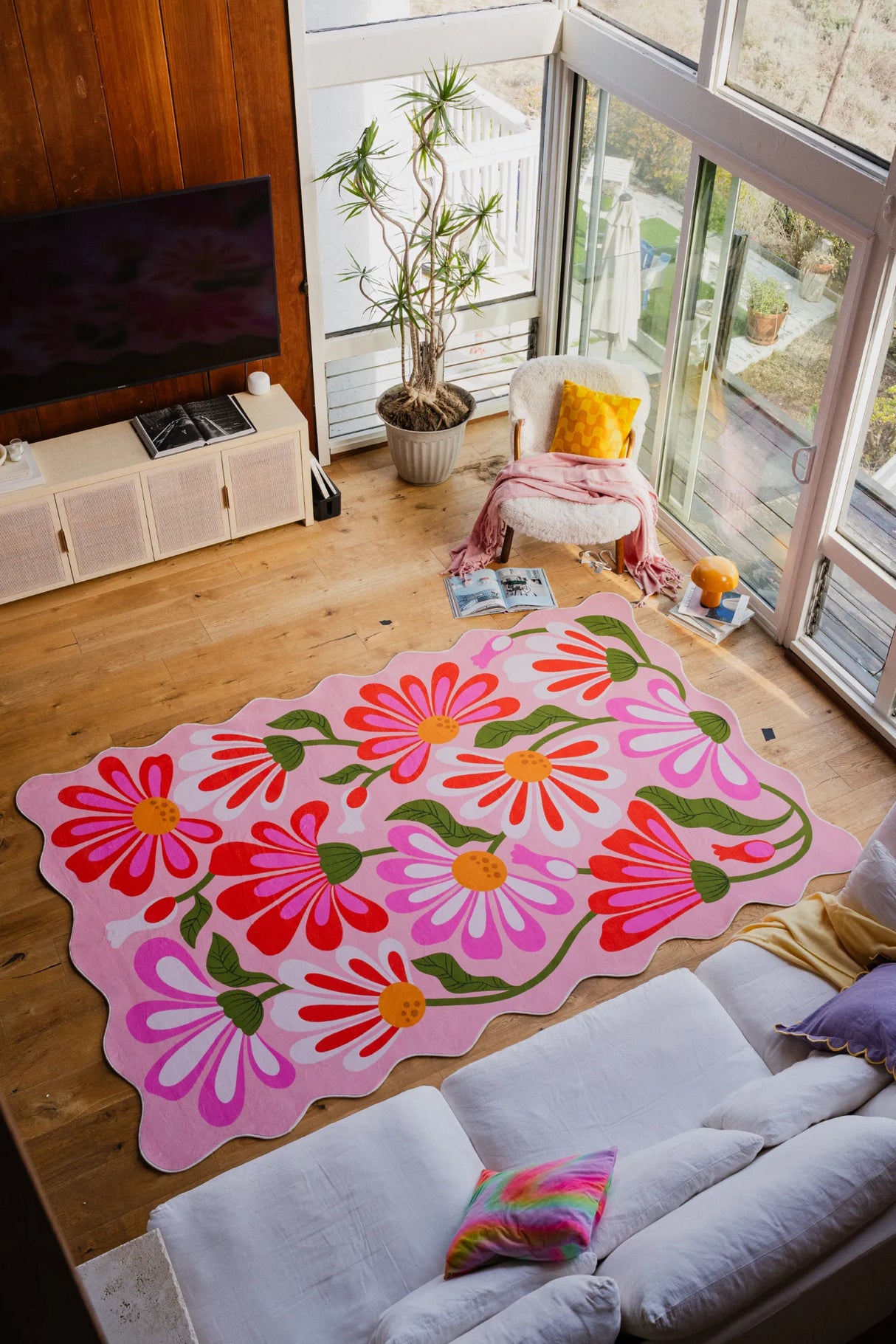 Pink Base Pink Floral Wavy Rug by Jessica Miller
