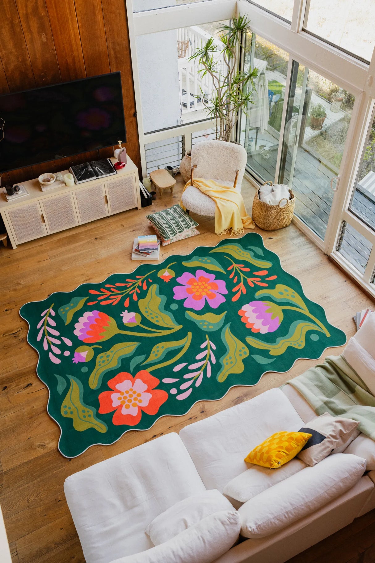 Green Base Pink Floral Wavy Rug by Jessica Miller