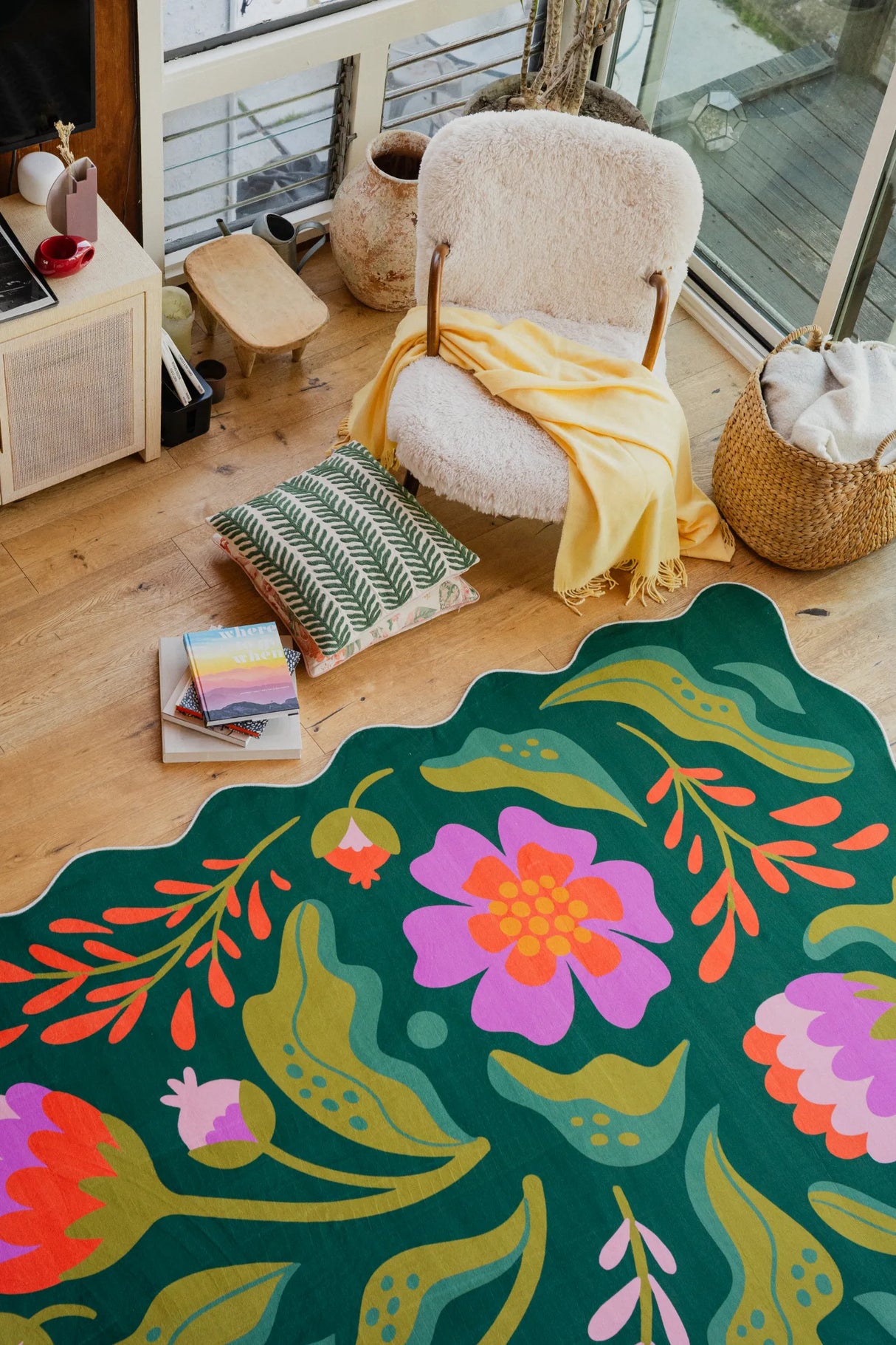Green Base Pink Floral Wavy Rug by Jessica Miller
