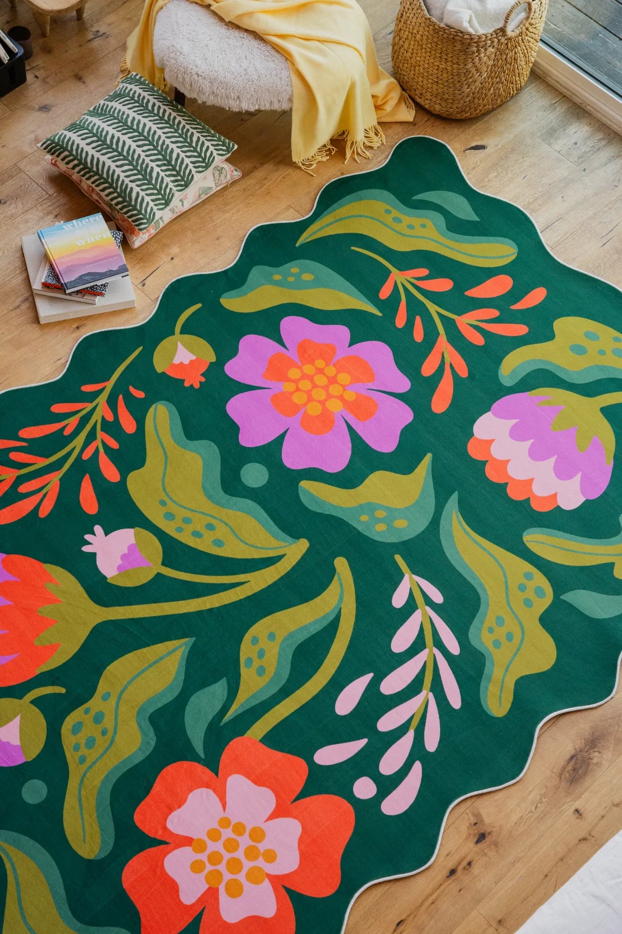 Green Base Pink Floral Wavy Rug by Jessica Miller