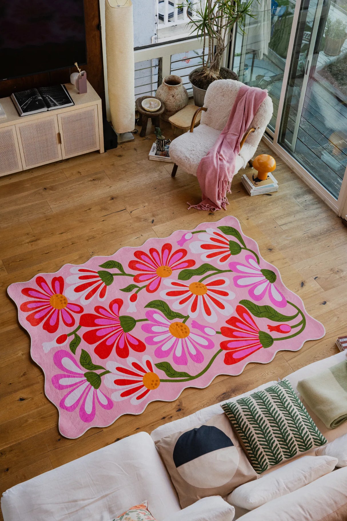 Pink Base Pink Floral Wavy Rug by Jessica Miller
