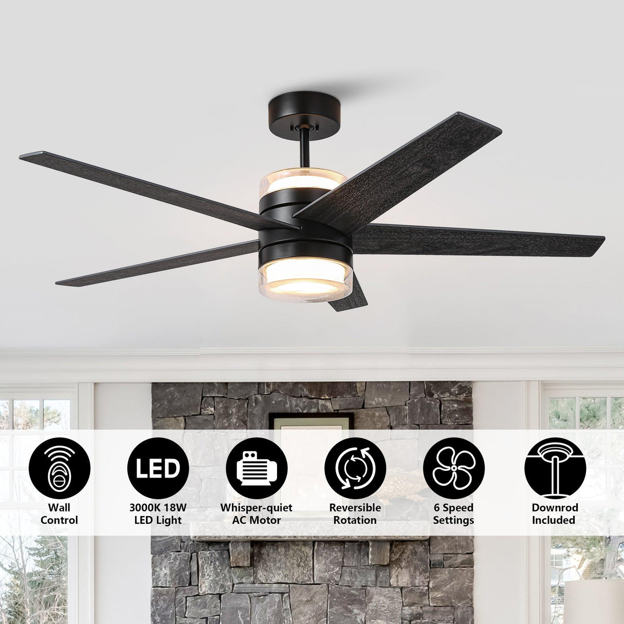 52" Fanelee 5 Blades Industrial Ceiling Fan with LED Lighting