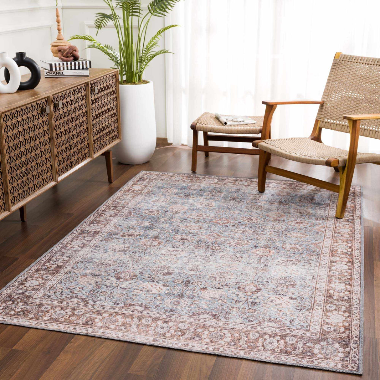 Brown Blue Dauis Vintage Washable Rug