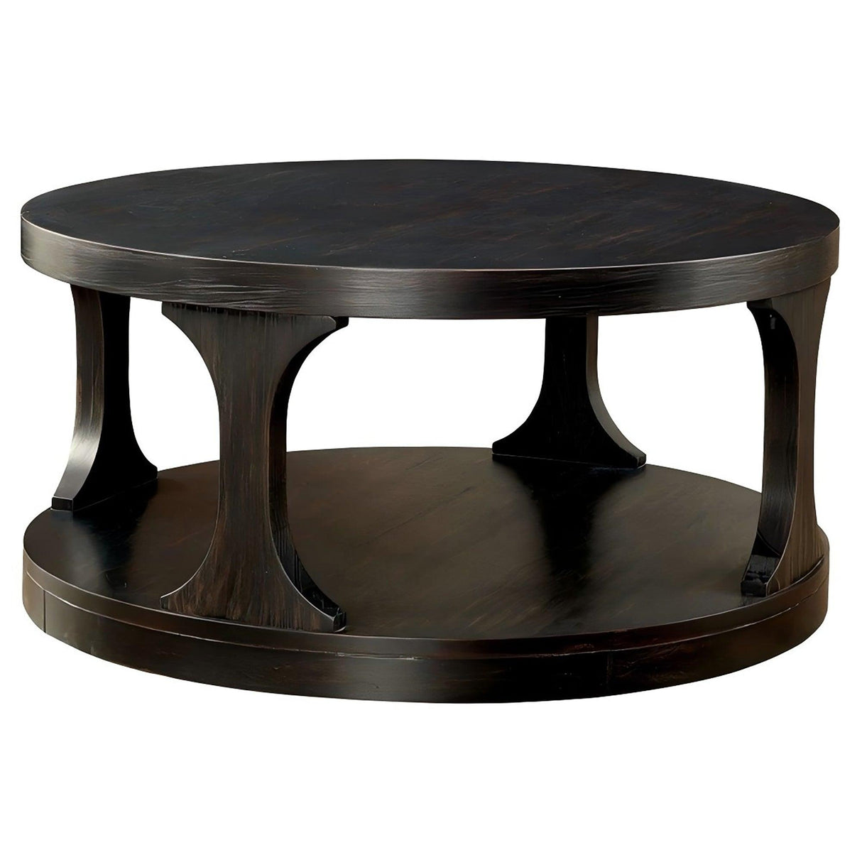 18"H Antique Black Round Structure Coffee Table with Open Shelf