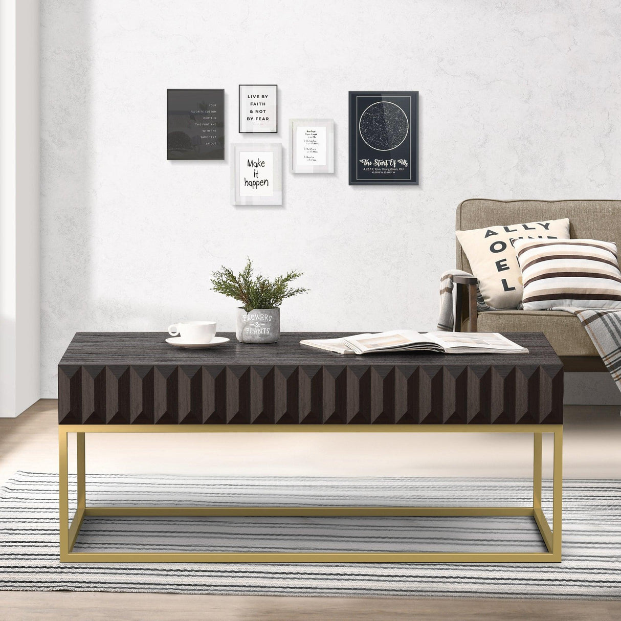 Walnut/Gold Textured Front Panels Coffee Table with Concealed Drawers