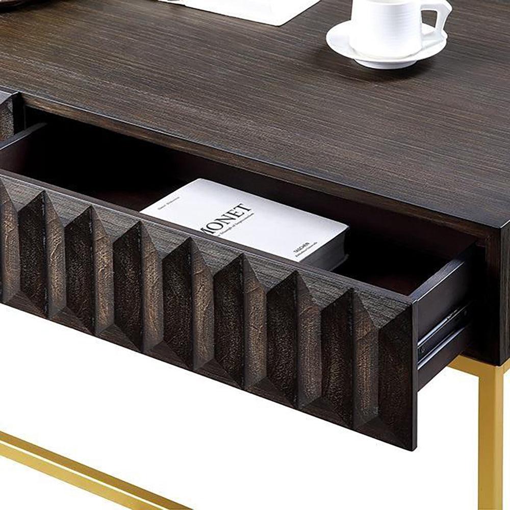 Walnut/Gold Textured Front Panels Coffee Table with Concealed Drawers