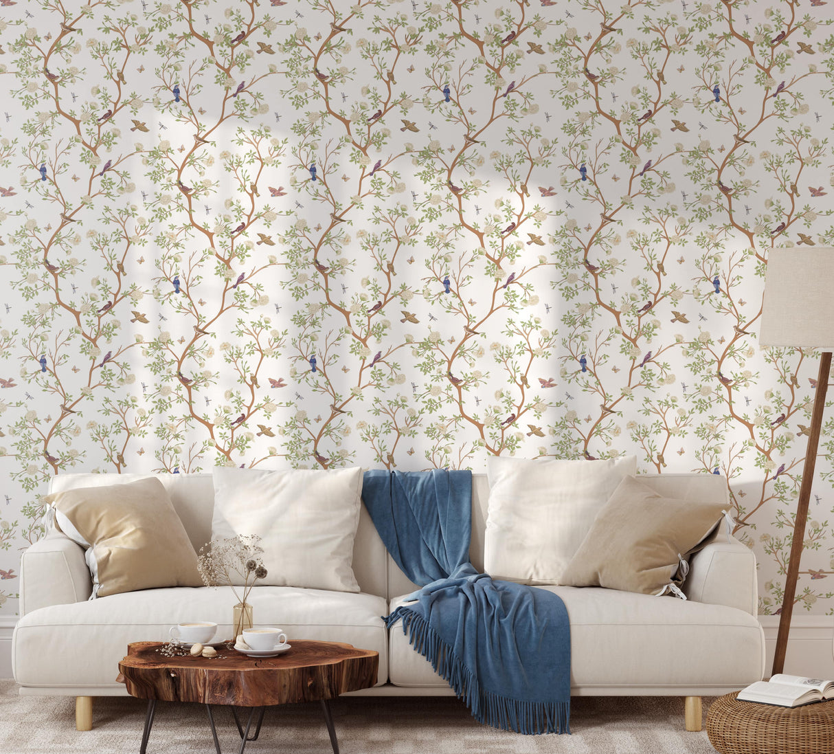 Vintage Chinoiserie Bird Wallpaper | Camellia Blossom Tree Wallpaper