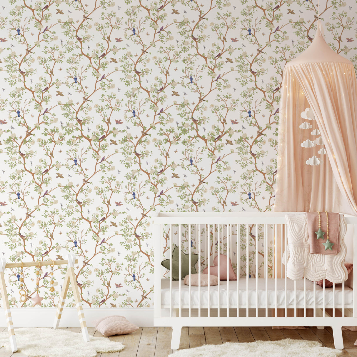 Vintage Chinoiserie Bird Wallpaper | Camellia Blossom Tree Wallpaper