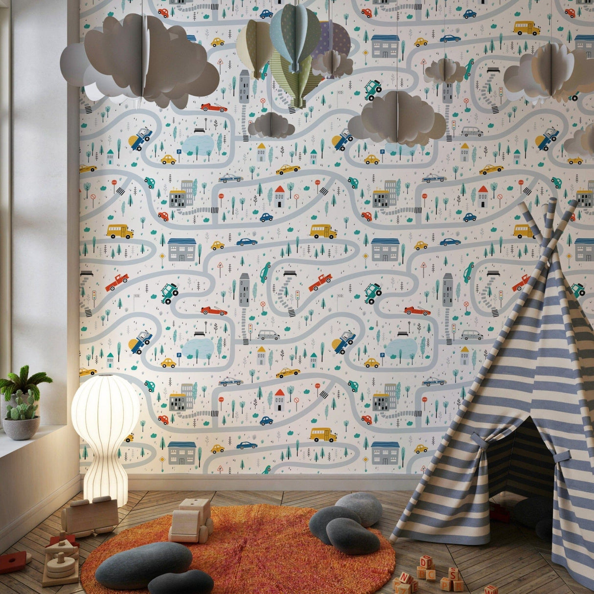 Playroom Wallpaper for Boy's Room | Cars, Roads, Houses