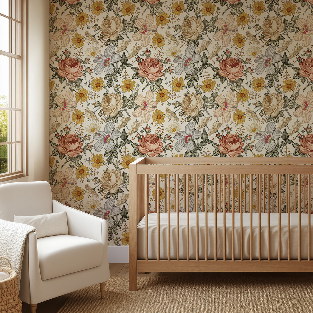 Chamomile Rose Hibiscus Flower Vintage Wallpaper