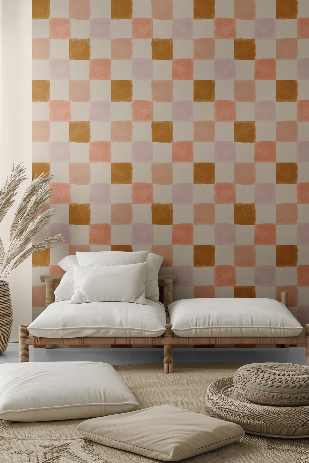 Artisan Checkered Wallpaper - Warm Terracotta and Mustard Tones