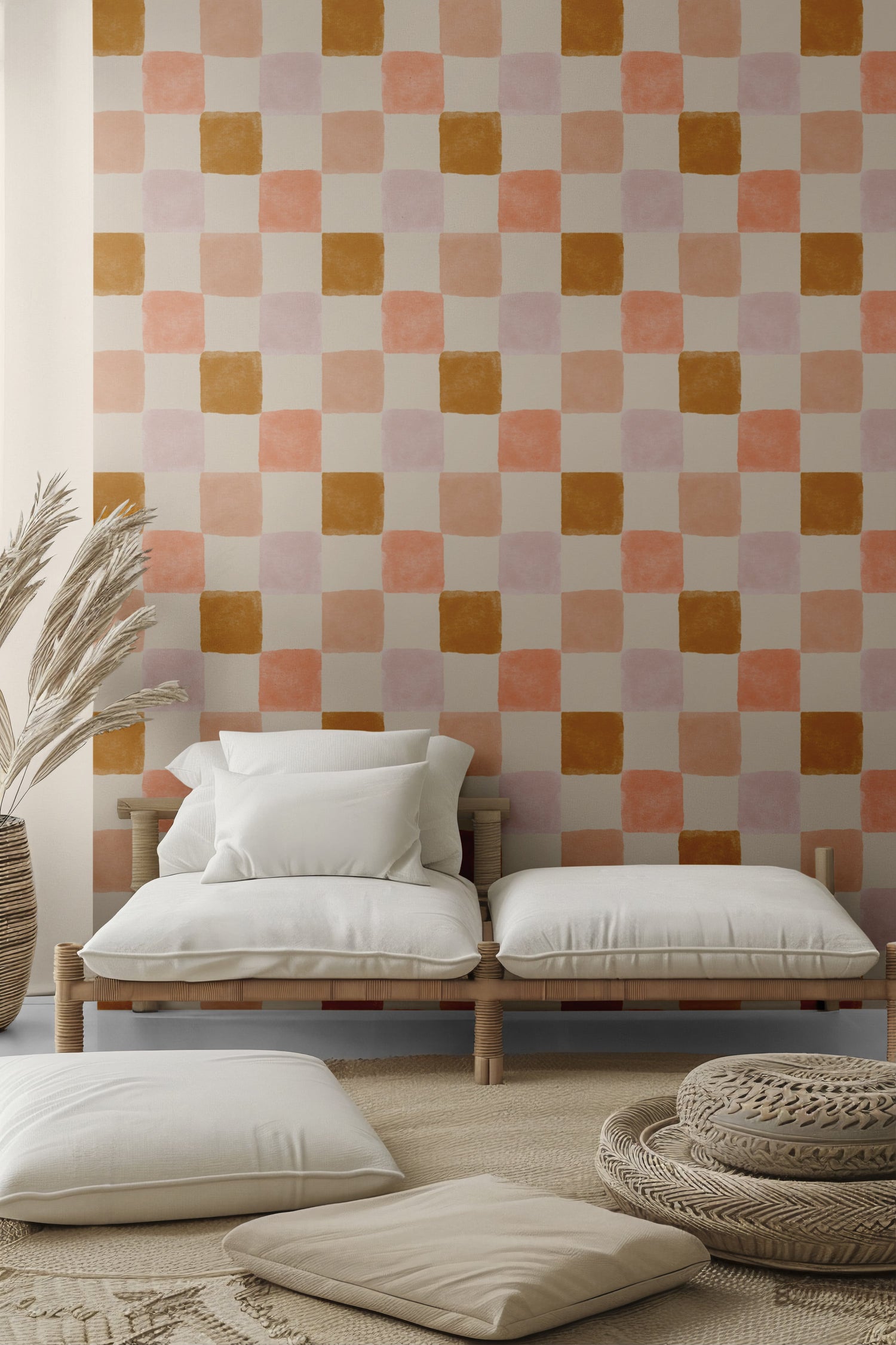 Artisan Checkered Wallpaper - Warm Terracotta and Mustard Tones