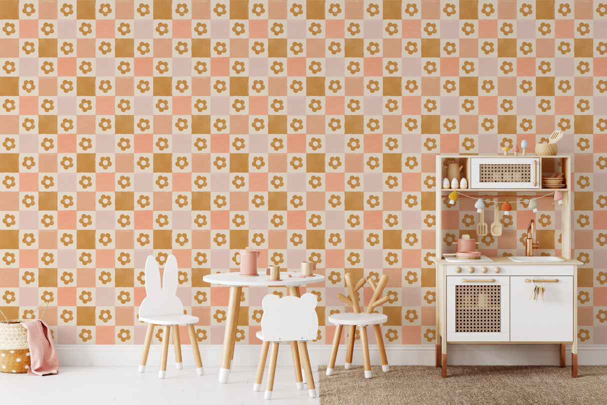 Retro Flower Checkered Wallpaper - Playful 60s Design in Warm Tones