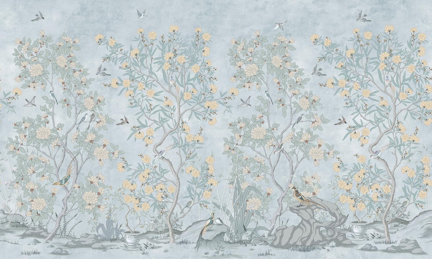 Blue Chinoiserie Wallpaper with Hand Painted Birds & Blossoms - Wall Mural
