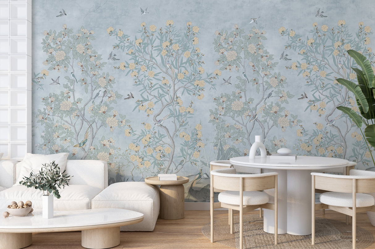 Blue Chinoiserie Wallpaper with Hand Painted Birds & Blossoms - Wall Mural