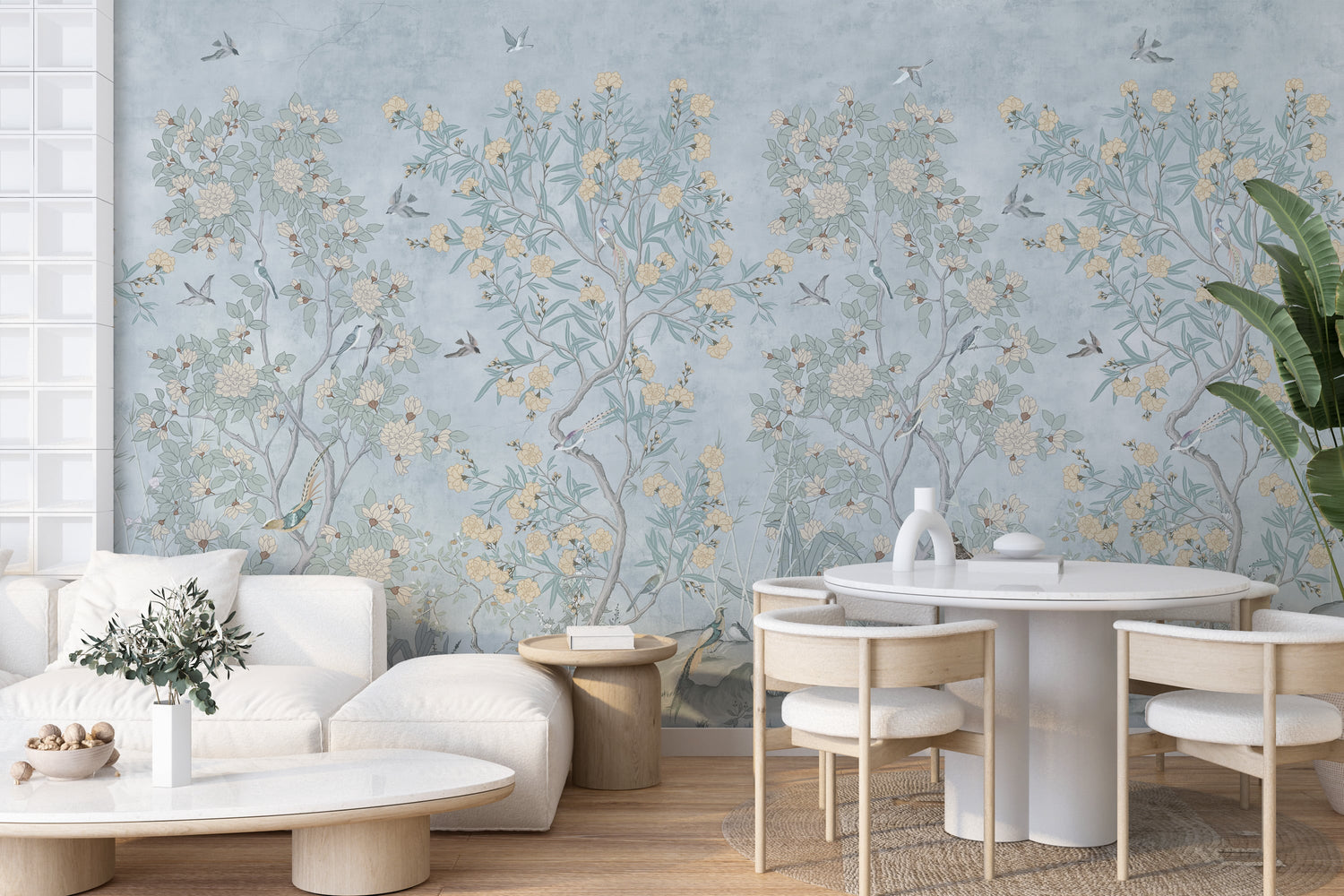 Blue Chinoiserie Wallpaper with Hand Painted Birds & Blossoms - Wall Mural