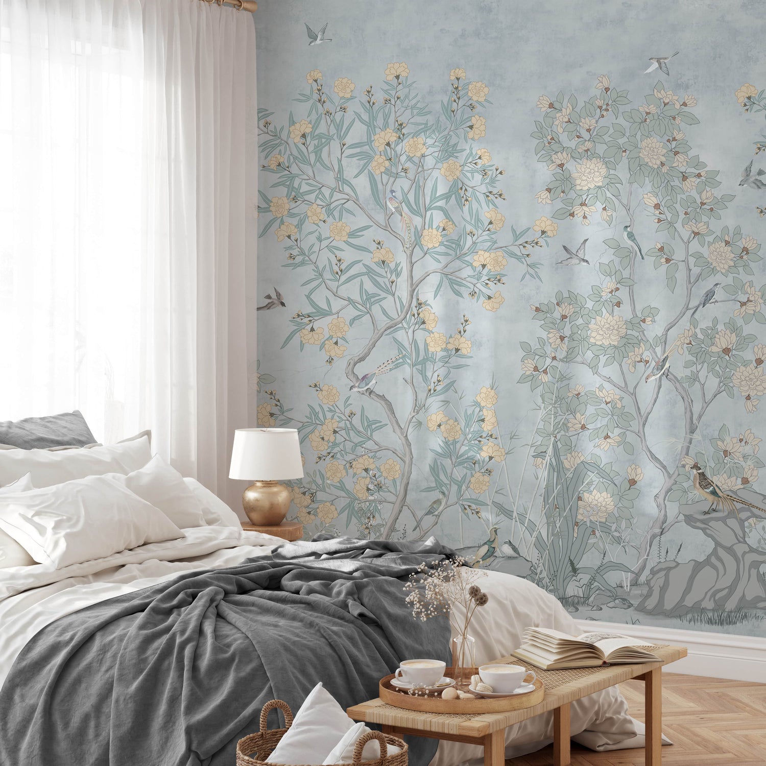 Blue Chinoiserie Wallpaper with Hand Painted Birds & Blossoms - Wall Mural