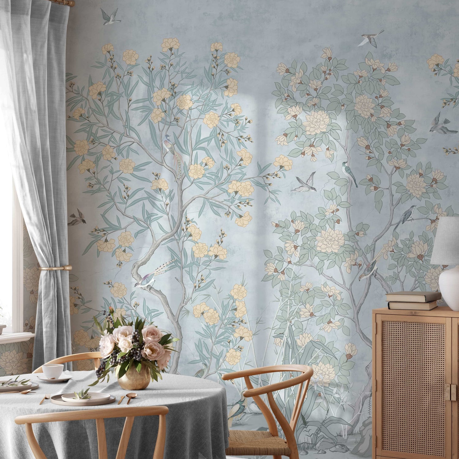 Blue Chinoiserie Wallpaper with Hand Painted Birds & Blossoms - Wall Mural
