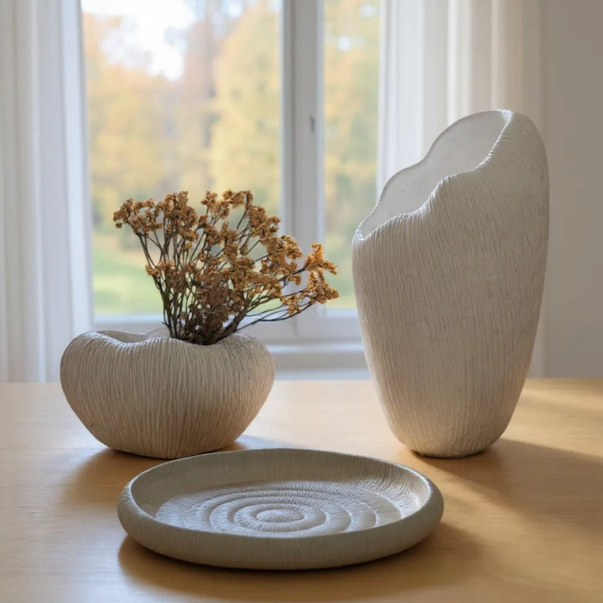 Zephyr Serving Tray, Artisan Cement Display Piece Hand-painted in White Dove, 14.1"D x 2.3"H