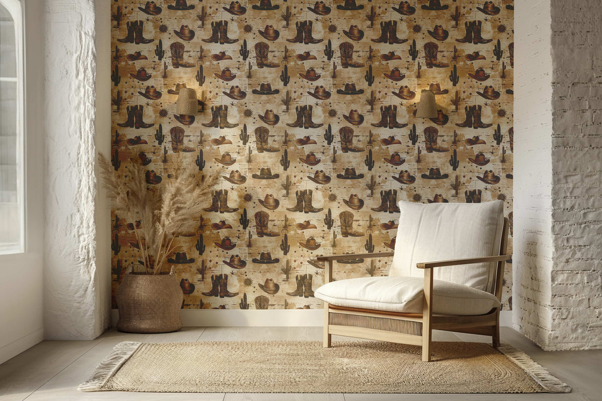Rustic Cowboy Wallpaper - Removable Western Wallpaper with Hats, Boots & Cacti