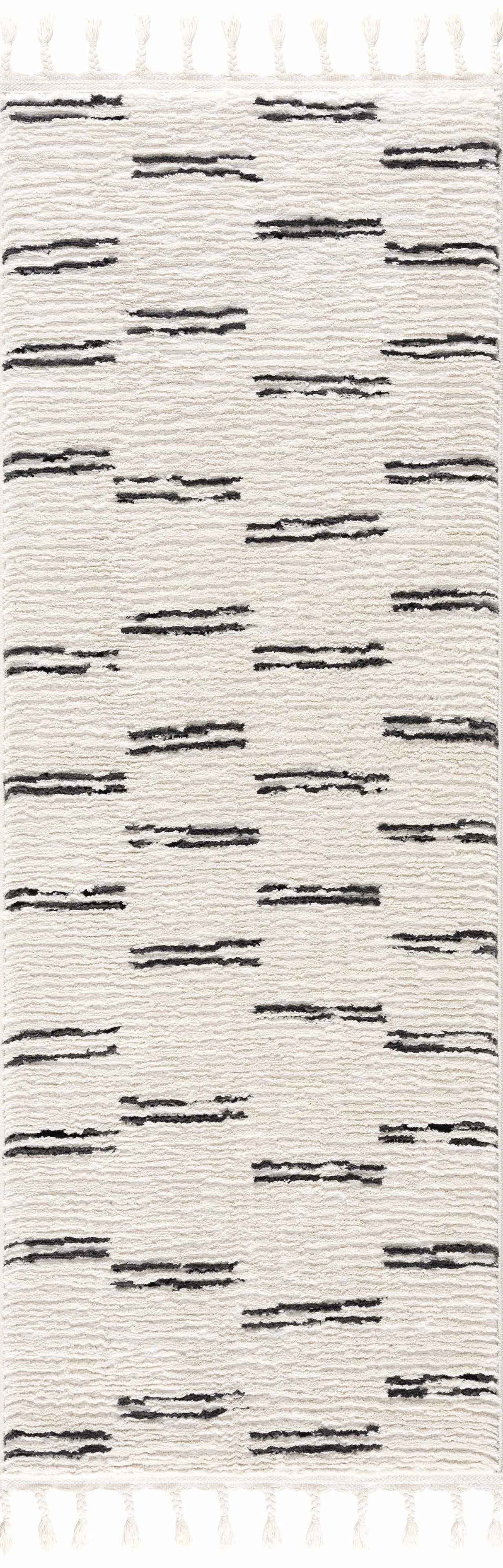 Riad Black Striped White Rug with Tassels