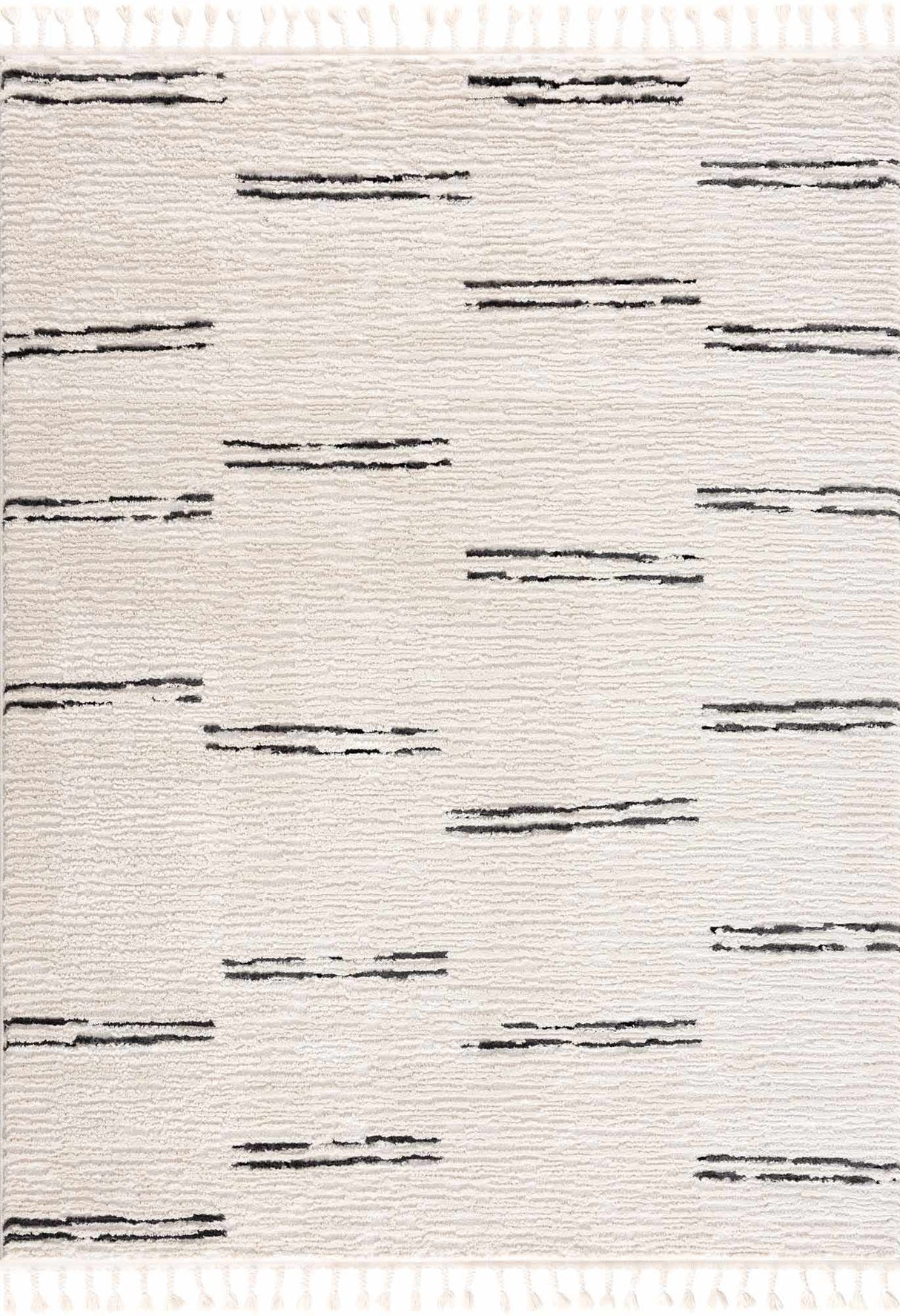 Riad Black Striped White Rug with Tassels