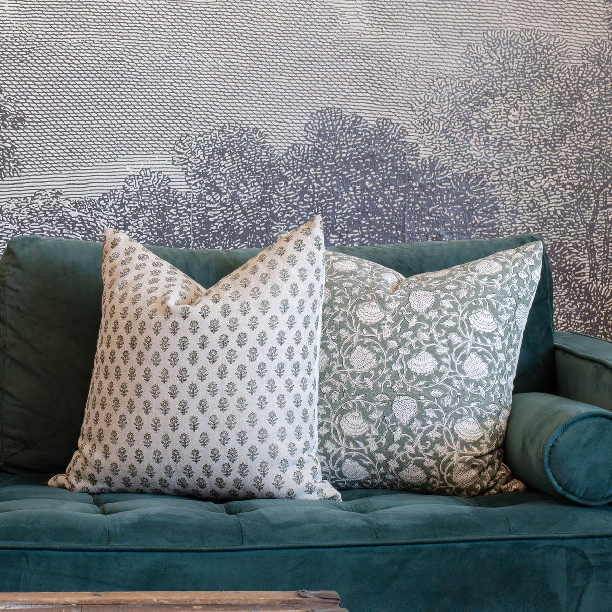 Sabine Floral Block Printed Pillow Cover | Green