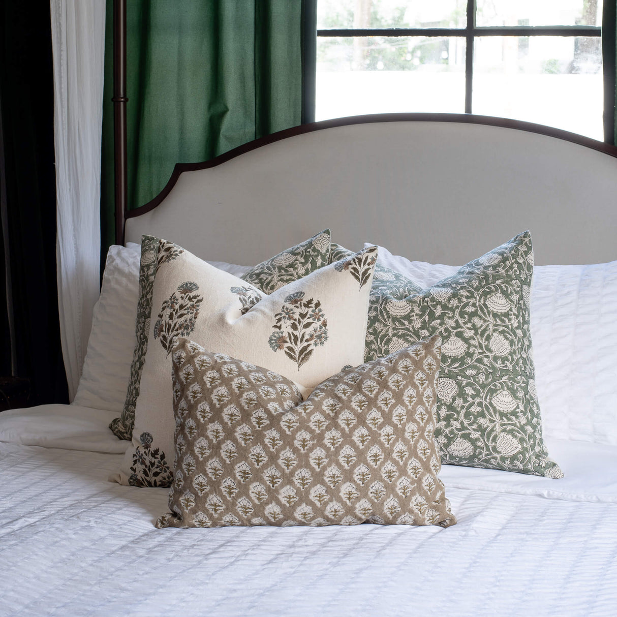 Sabine Floral Block Printed Pillow Cover | Green