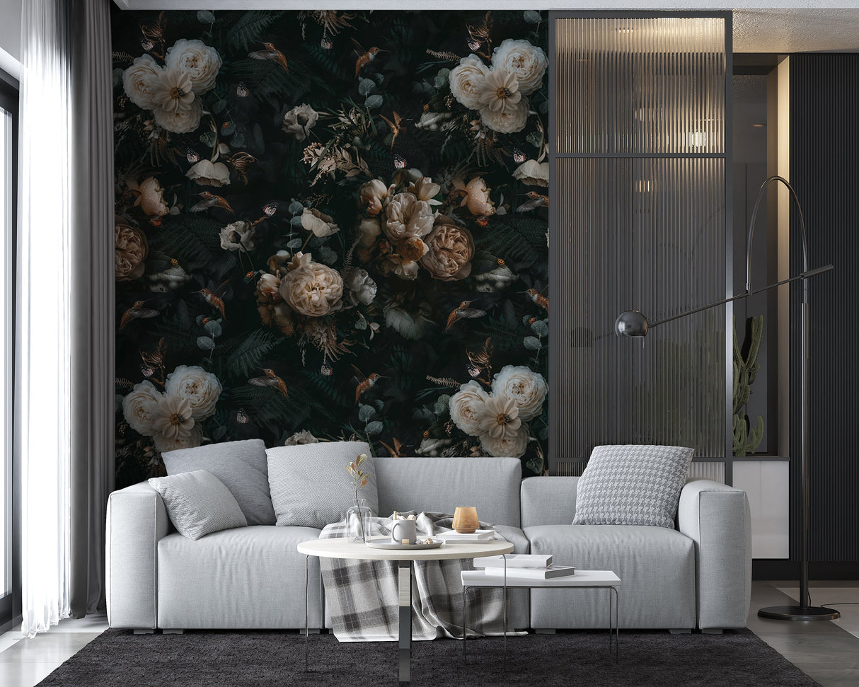 Dark Background Cream Floral Wallpaper