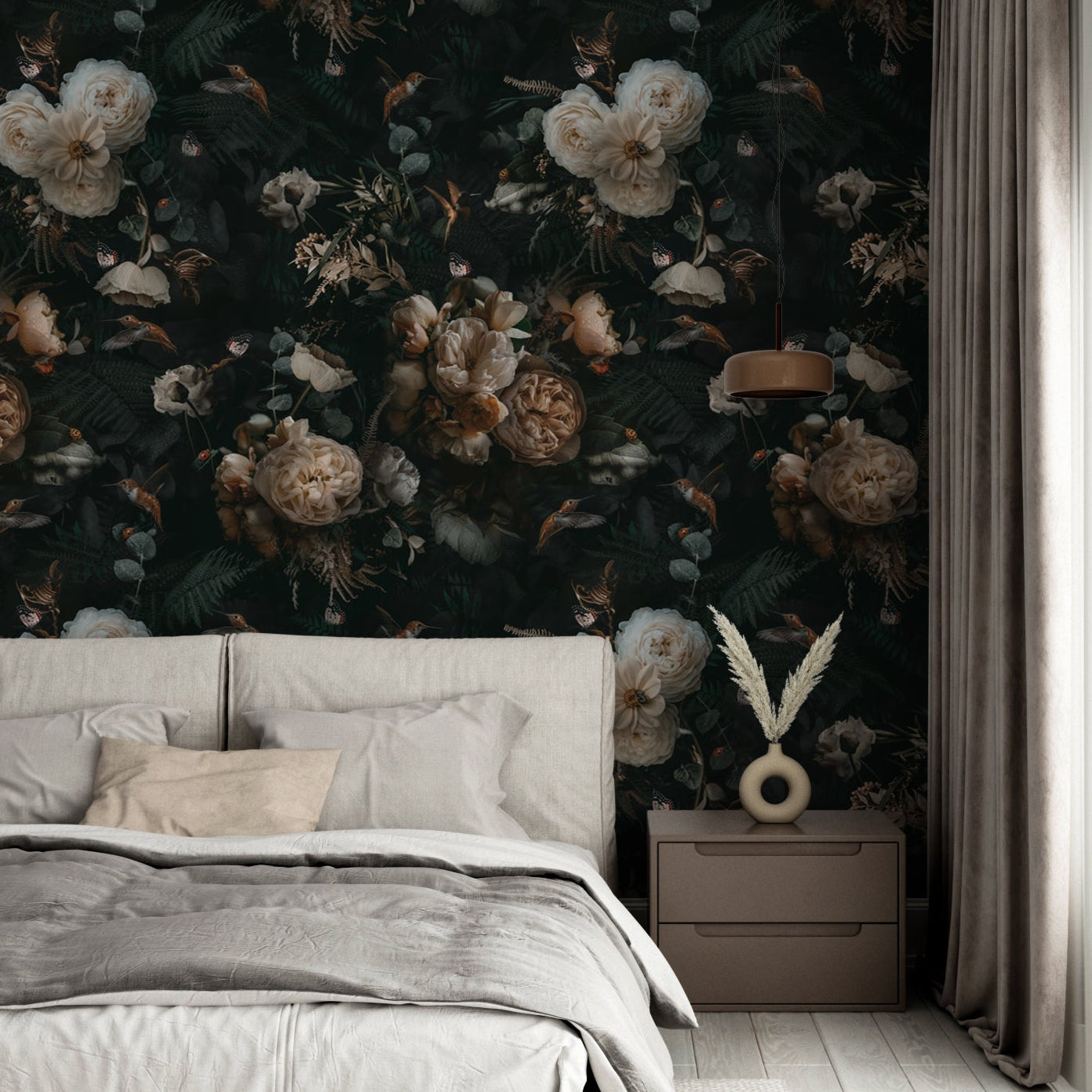 Dark Background Cream Floral Wallpaper