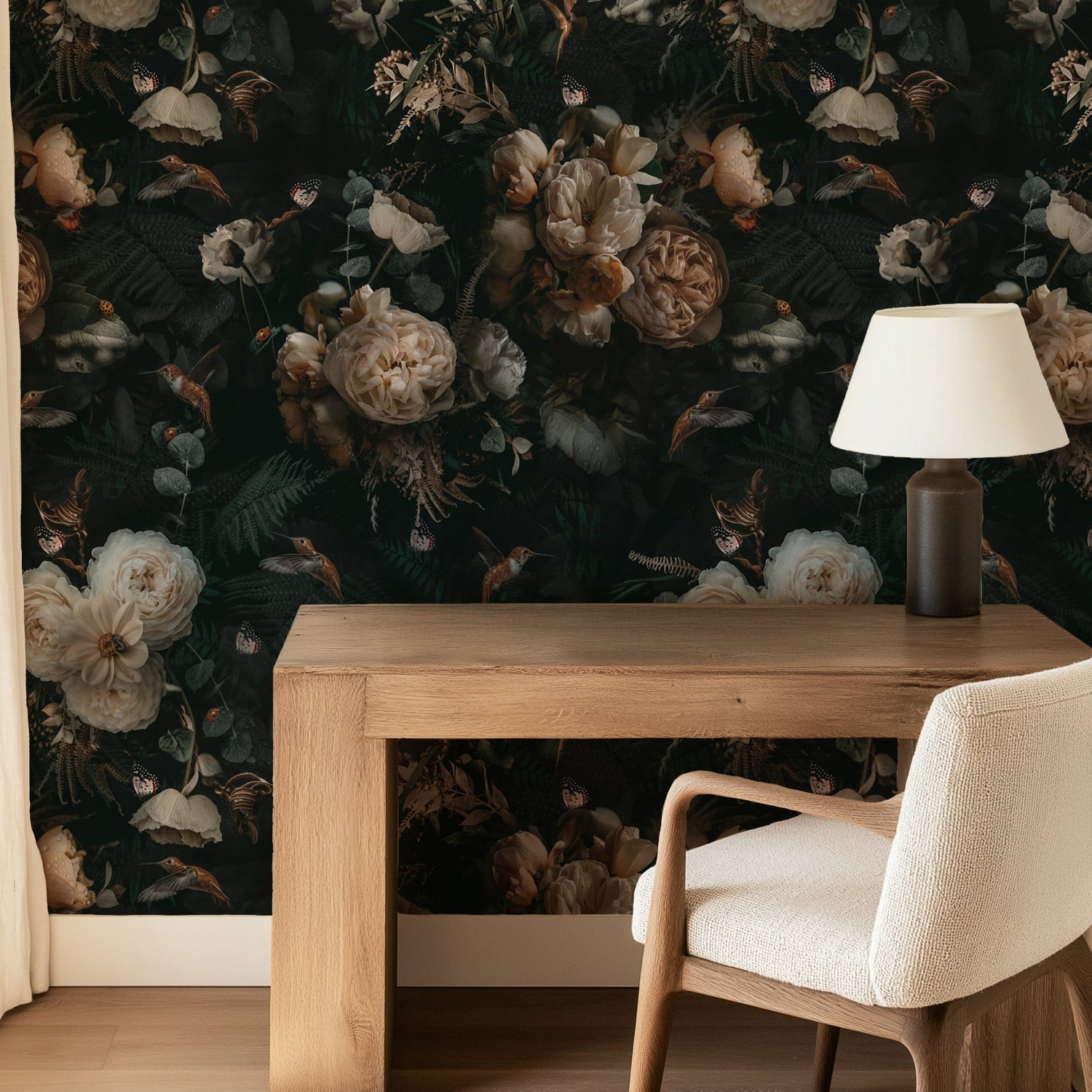 Dark Background Cream Floral Wallpaper