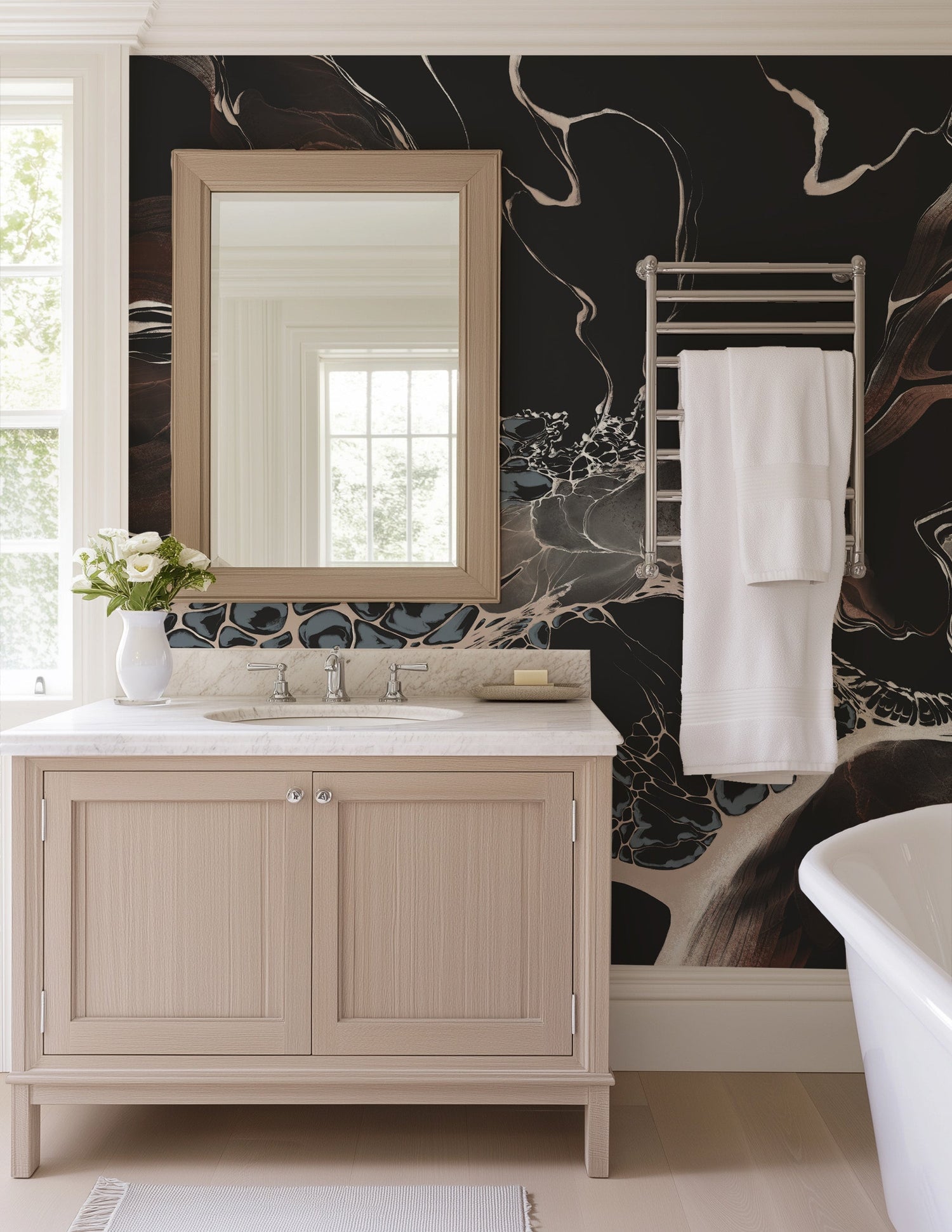 Bespoke Black Marble Wall Mural - Modern Fluid Art Wallpaper